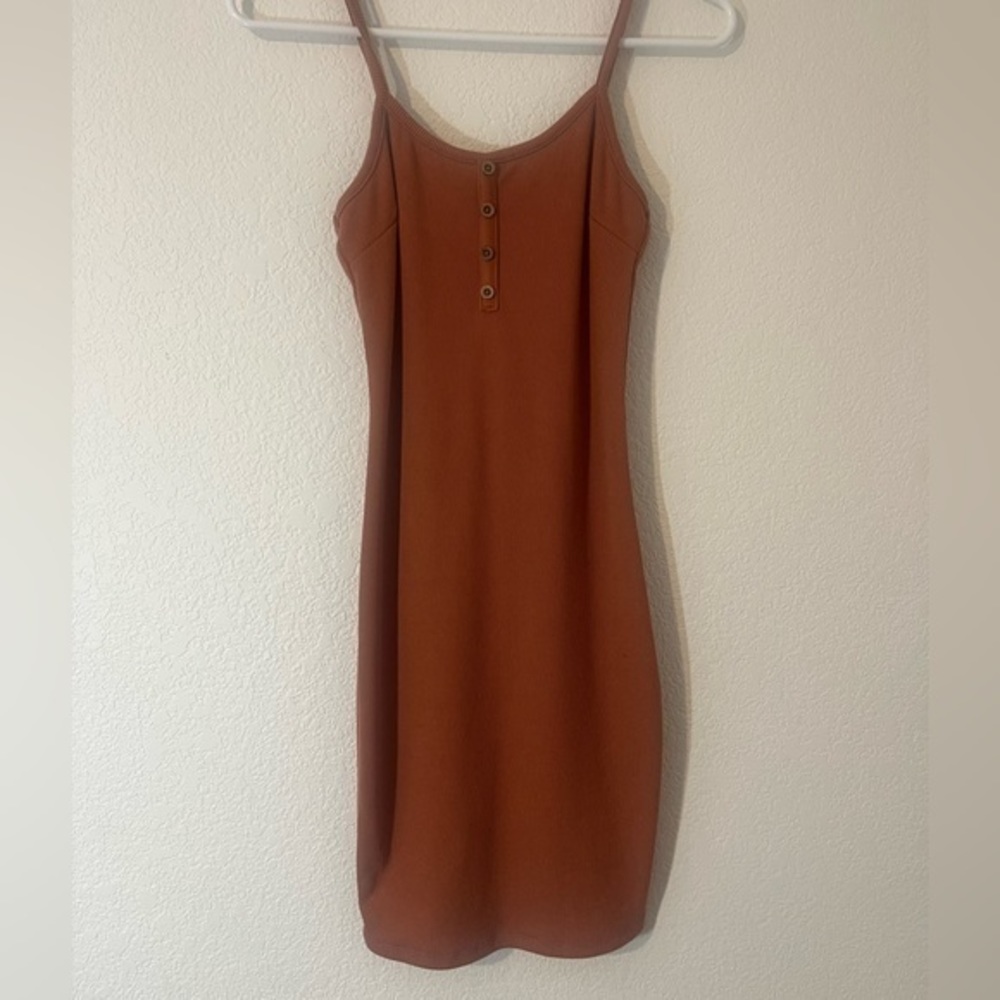 Active USA Rust Brown Ribbed Midi Dress with Button Front - Picture 2 of 4